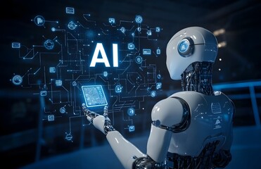 Poster - Robot hand holding the word AI in white, with an icon representing artificial intelligence and technology