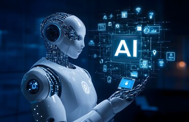 Poster - Robot hand holding the word AI in white, with an icon representing artificial intelligence and technology