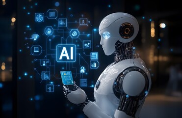 Poster - Robot hand holding the word AI in white, with an icon representing artificial intelligence and technology
