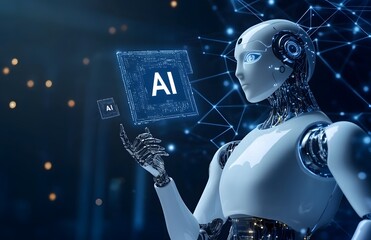 Poster - Robot hand holding the word AI in white, with an icon representing artificial intelligence and technology