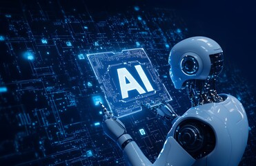Wall Mural - robot hand holding the word ai in white, with an icon representing artificial intelligence and techn