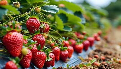 harvesting ripe strawberries in a vibrant plantation farm field with dedicated farmer at work