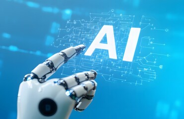 Wall Mural - robot hand holding the word ai in white, with an icon representing artificial intelligence and techn