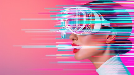 Wall Mural - Futuristic Woman with Neon Light Streaks and VR Glasses Concept