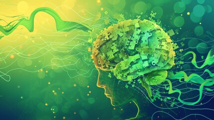 Aufkleber - A digital illustration of a human brain represented by interlocking puzzle pieces in vibrant green and yellow tones. Wavy lines and abstract elements surround the brain, symbolizing creativity
