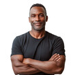 © Mahananda - Confident Middle-Aged Man with Crossed Arms in Black T-Shirt on Transparent Background