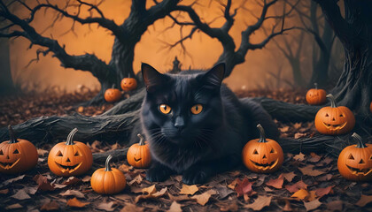 disguise of a witch in the form of a black cat in the middle of a scary and haunted forest