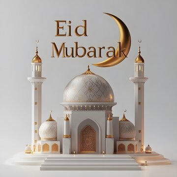 3D Eid Mubarak banner with text Eid Mubarak poster concept with dome and moon or desert.