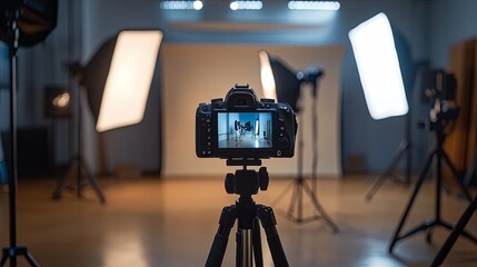 A camera on a tripod captures a studio setup with lighting equipment, indicating a photography session in progress.