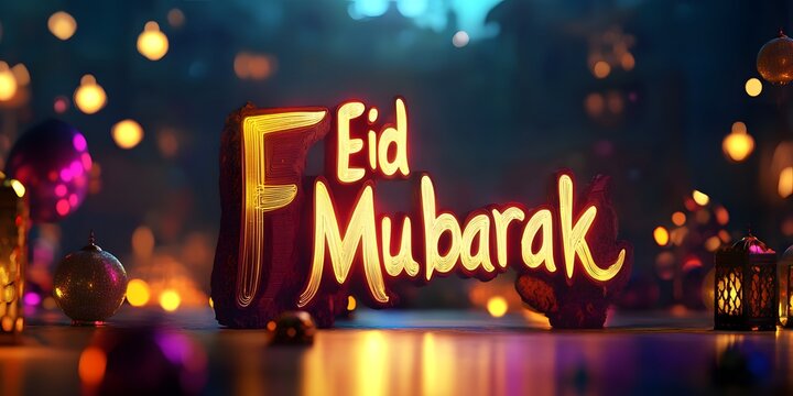 3D Eid Mubarak banner with text Eid Mubarak poster concept with dome and moon or desert.