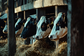 Group of cows at cowshed eating hay or fodder on dairy farm