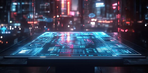 Aufkleber - futuristic city scene with a glowing digital interface table.