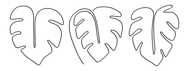 Hand-drawing one continuous line art of tropical monstera leaves. Set of tropical monstera leaves.. Vector illustration
