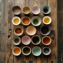 A collection of different tea cups, each filled with a unique tea, presented in a harmonious arrangement on a wooden table