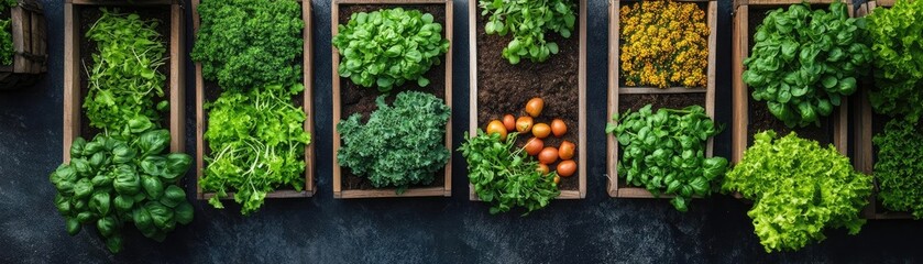 Aerial view of urban rooftops transformed into vibrant culinary gardens, innovative chefs collaborating, sunlight illuminating flavors