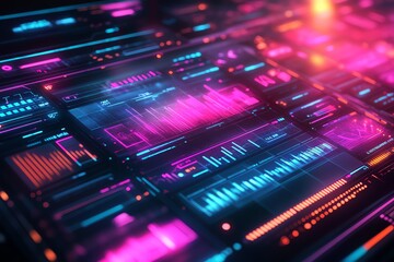 Poster - Futuristic digital interface with glowing neon lines and data visualizations.