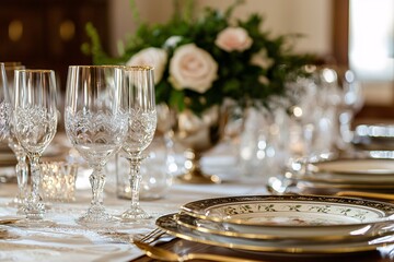 A sophisticated dining arrangement features exquisite tableware, sparkling glassware, and a tastefully designed centerpiece for an upscale soir√©e.