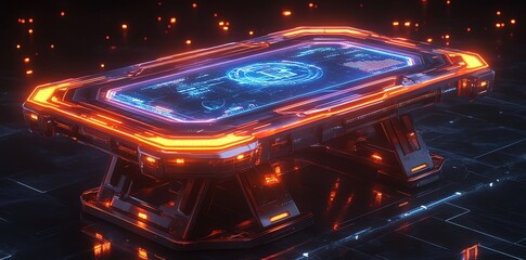 Poster - Futuristic holographic display with glowing orange and blue lights, set on a dark futuristic surface.