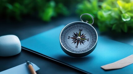 compass on blue notebook with pen and white object