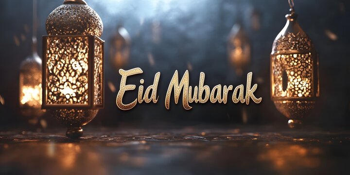 3D Eid Mubarak text Eid Mubarak concept with dome and moon or desert .