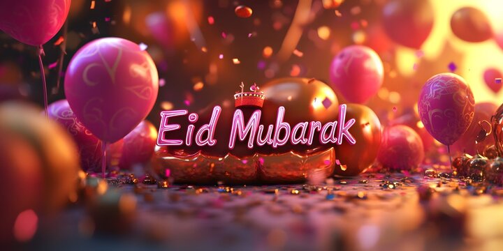 3D Eid Mubarak text Eid Mubarak concept with dome and moon or desert .