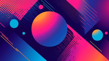 Poster - Abstract geometric shapes with vibrant colors and dynamic lines on a dark background.