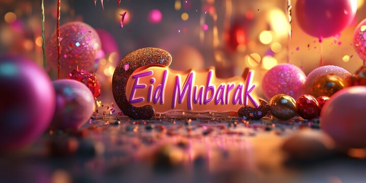 3D Eid Mubarak text Eid Mubarak concept with dome and moon or desert .