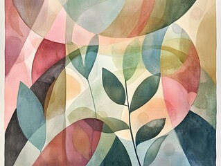 Watercolor, abstract foliage, organic shapes and lines, muted colors.