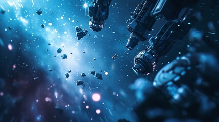 A futuristic depiction of spaceships floating in deep space among asteroids and vibrant cosmic light. The scene captures the sense of exploration and adventure in the unknown vastness of space.