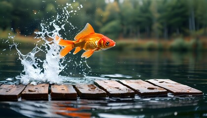 Goldfish Leaping from Water onto a Rustic Wooden Dock