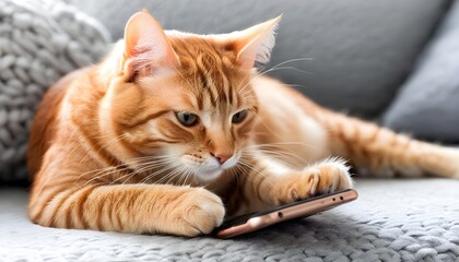 Charming Orange Cat Relaxed on Grey Couch While Using Phone