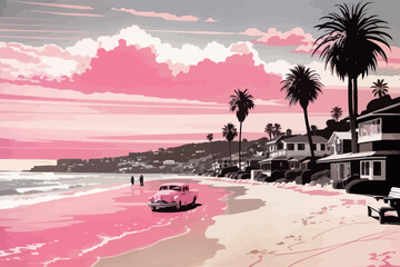 Wall Mural - Laguna Beach style of a noir novel bookcover in pink and black