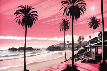 Wall Mural - Laguna Beach style of a noir novel bookcover in pink and black