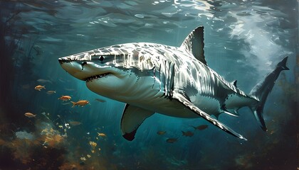 Wall Mural - Predatory encounter in murky depths: a great white shark approaches a small fish