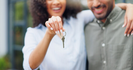 Poster - Couple, hands and new home with keys, love and smile together from property investment outdoor. Mortgage, opportunity and African woman from with real estate, marriage and commitment with support