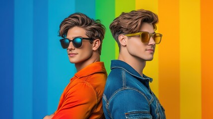 Two Stylish Men Wearing Sunglasses in Front of a Colorful Background