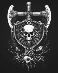 A skull with a sword, shield, and ax behind it on a black background.