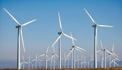 Wall Mural - Graceful wind turbines spinning in clear blue skies, symbolizing the evolution of green energy solutions and sustainable living