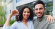 © peopleimages.com - Couple, hug and new home with keys, portrait. and smile together from property investment outdoor. Mortgage, opportunity and African people from with real estate, marriage and commitment with support