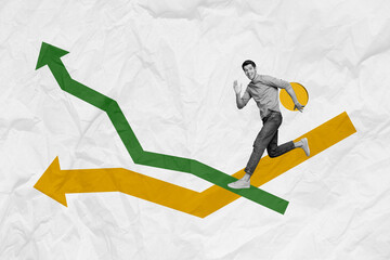 Aufkleber - Creative composite photo collage of happy excited man holding crypto coin run to achieve crypto success isolated on checkered background