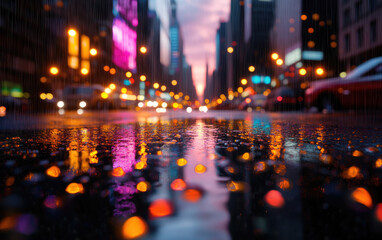 City street at dusk, illuminated reflections on wet pavement.