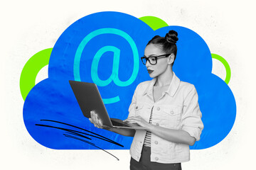 Aufkleber - Creative collage picture young woman browse laptop email virtual remote communication manager modern technology gadget cloud internet