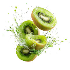 fresh kiwi slices with a splash of water, showcasing vibrant green colors and juicy texture, perfect