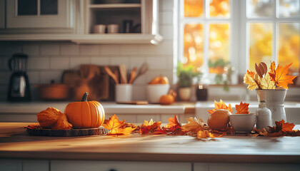 Wall Mural - Autumn kitchen with pumpkin and leaves decoration with copy space