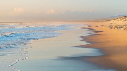 Wall Mural - A tranquil beach scene with calm waves lapping at the shore, the golden sand reflecting the soft light of the setting sun.