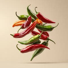 Fresh green and red chili peppers on a white background.