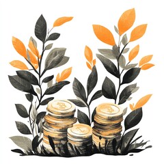 Coins surrounded by stylized leaves.