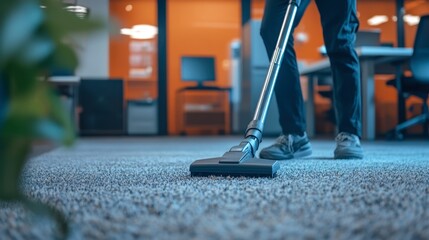 A professional cleaner vacuuming the carpets in a modern office space, with desks and computers in the background.