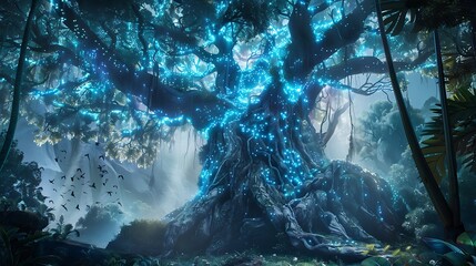 Wall Mural - majestic ancient tree with glowing lights stands tall in a mystical forest, captivating with its enc