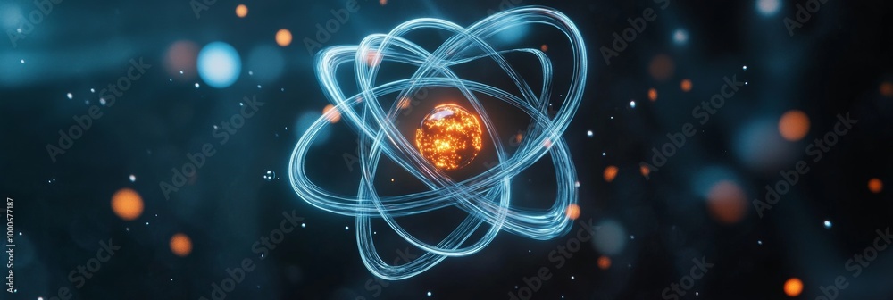 A 3D rendering of an atom with electrons orbiting around a nucleus, set ...